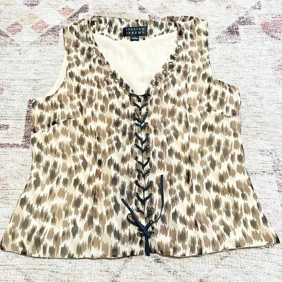 Y2K silk Leopard print tank top with lace up detail size medium - Picture 7 of 10